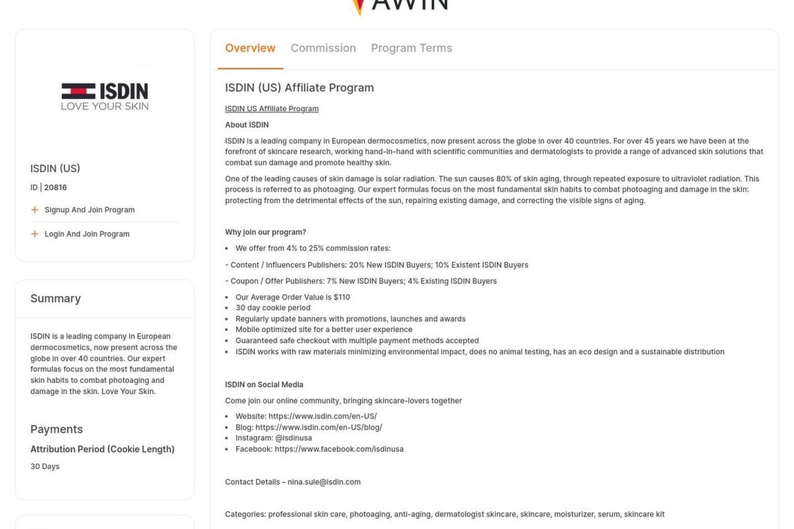 ISDIN (US) affiliate program signup page