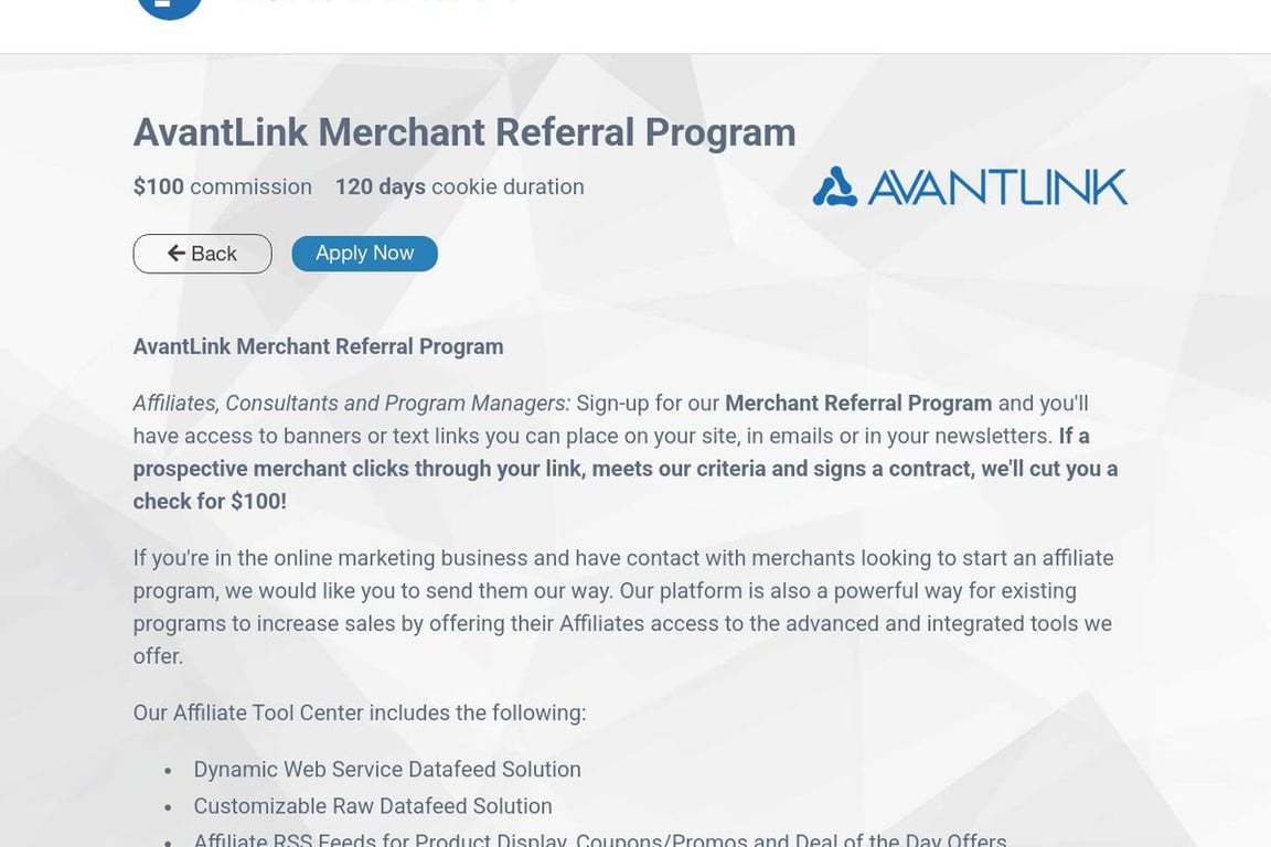 AvantLink Merchant Referral Program AU affiliate program signup page