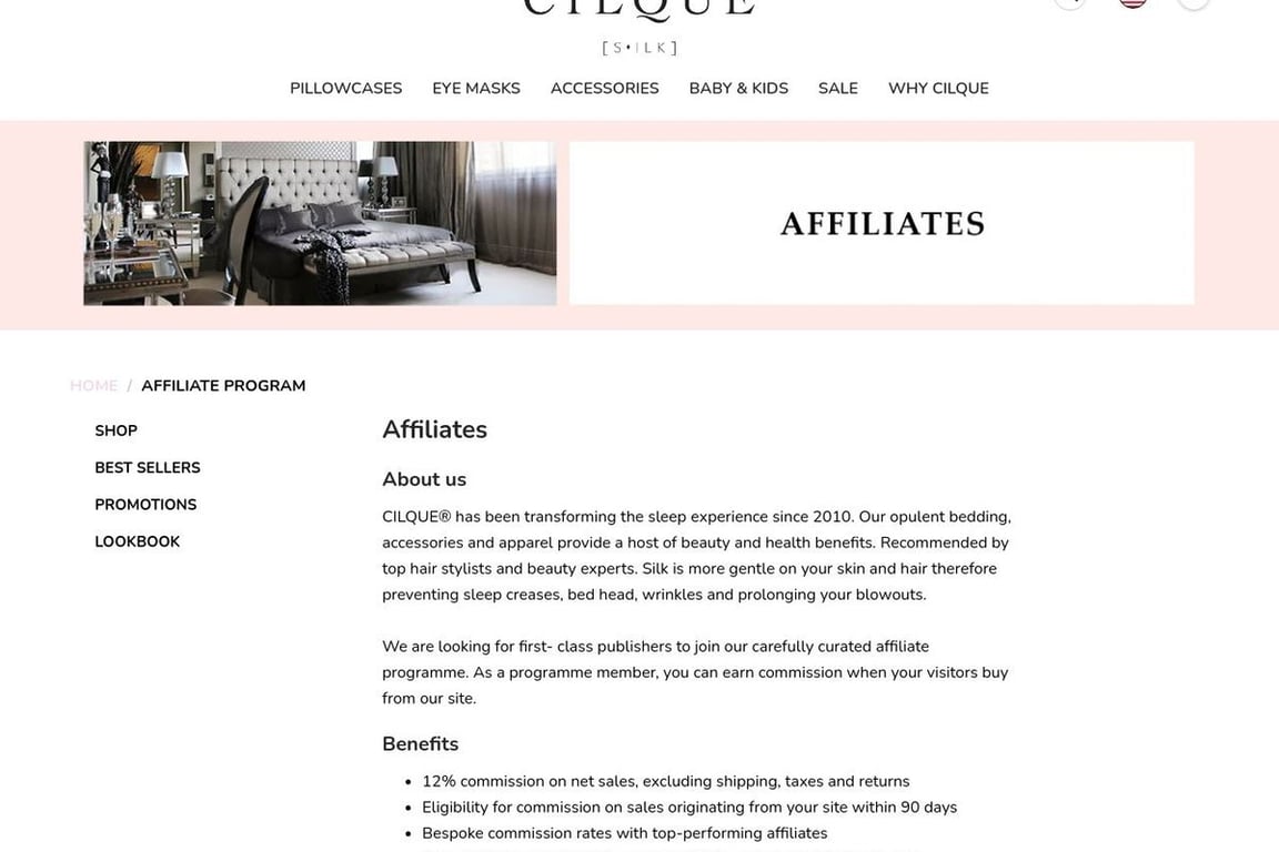 CILQUE Inc. affiliate program signup page