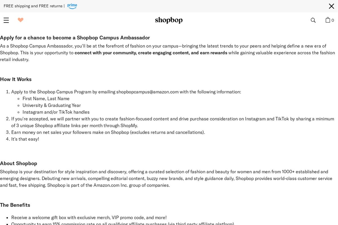 Shopbop affiliate program signup page