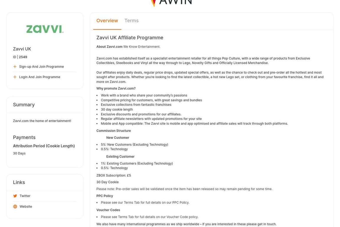Zavvi FR affiliate program signup page