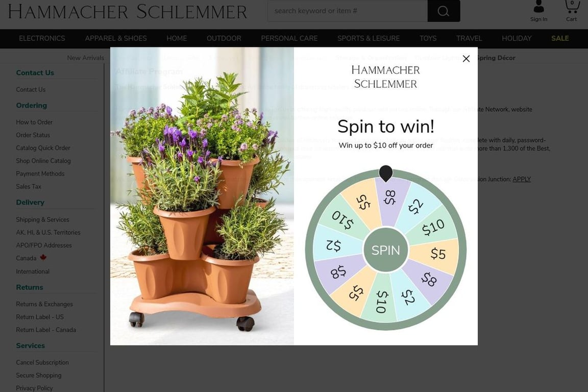 Hammacher Schlemmer affiliate program signup page