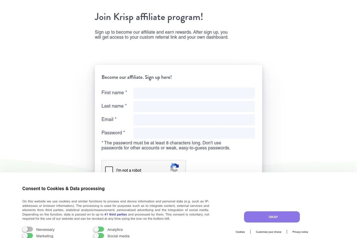 Krisp affiliate program signup page