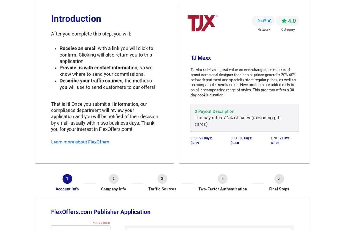TJ Maxx affiliate program signup page