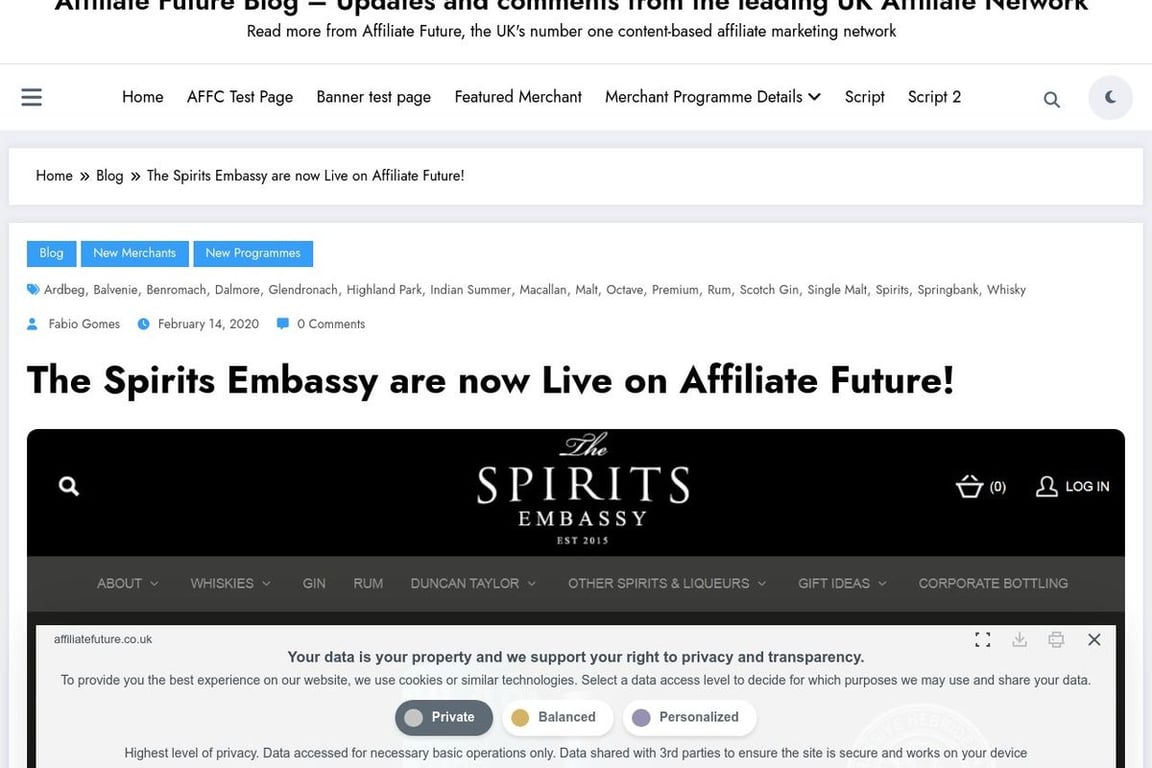 Spirits Embassy affiliate program signup page