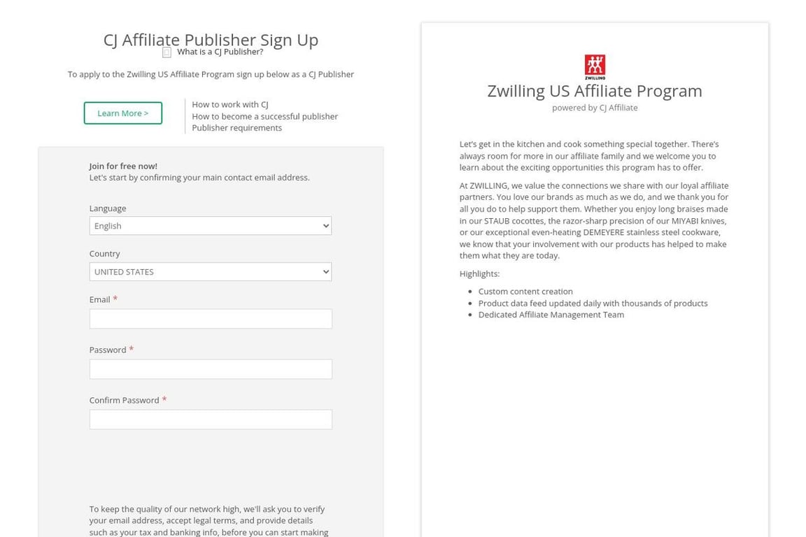 Zwilling affiliate program signup page