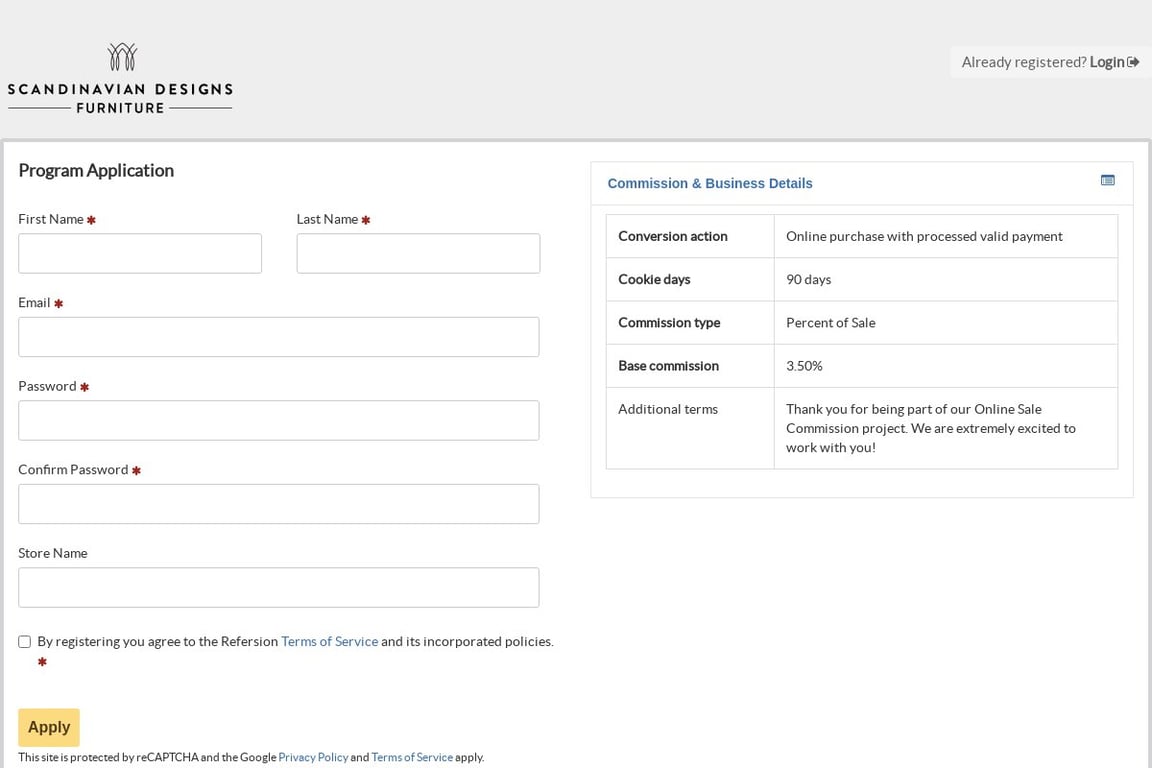 Scandinavian Designs affiliate program signup page