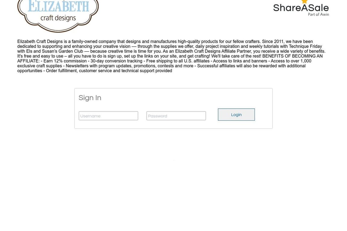 Elizabeth Craft Designs, Inc. affiliate program signup page