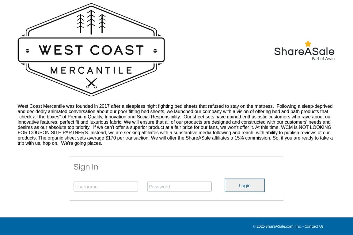 West Coast Mercantile affiliate program signup page
