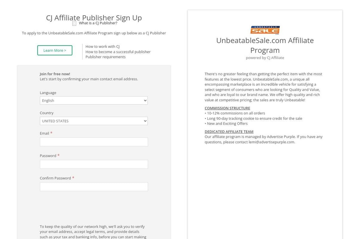UnbeatableSale.com affiliate program signup page