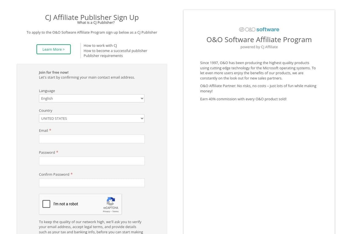 O&O Software affiliate program signup page