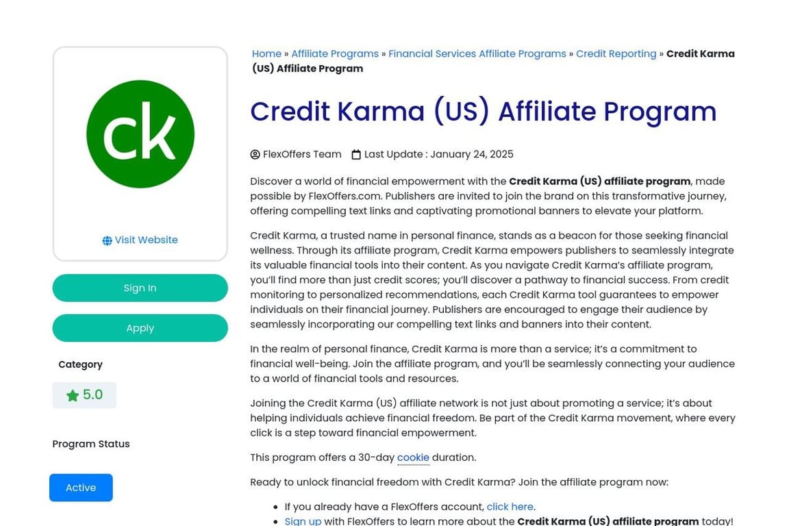 Credit Karma affiliate program signup page