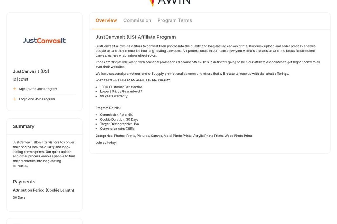 JustCanvasIt (US) affiliate program signup page