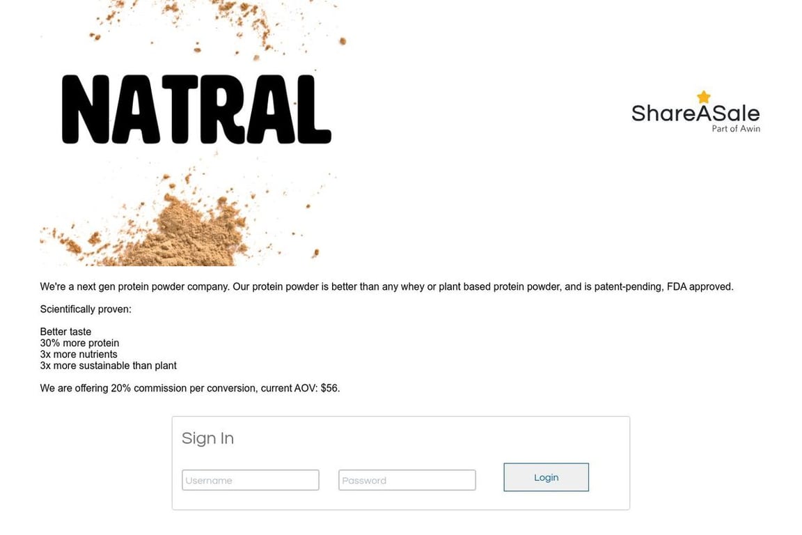 Natral affiliate program signup page