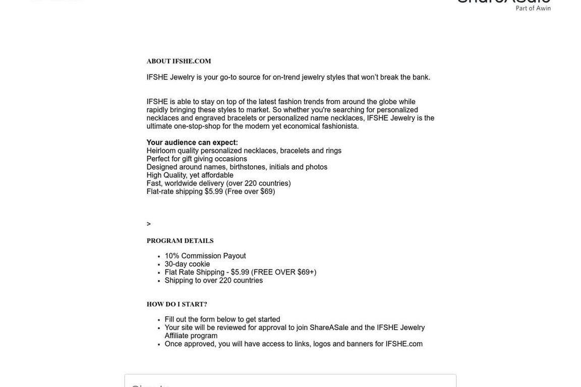 IFSHE Jewelry Preferred affiliate program signup page