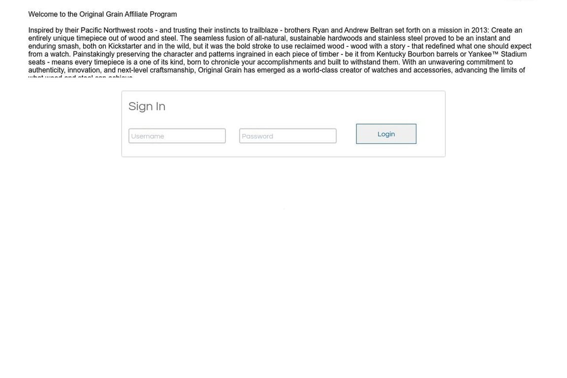 Original Grain Preferred affiliate program signup page
