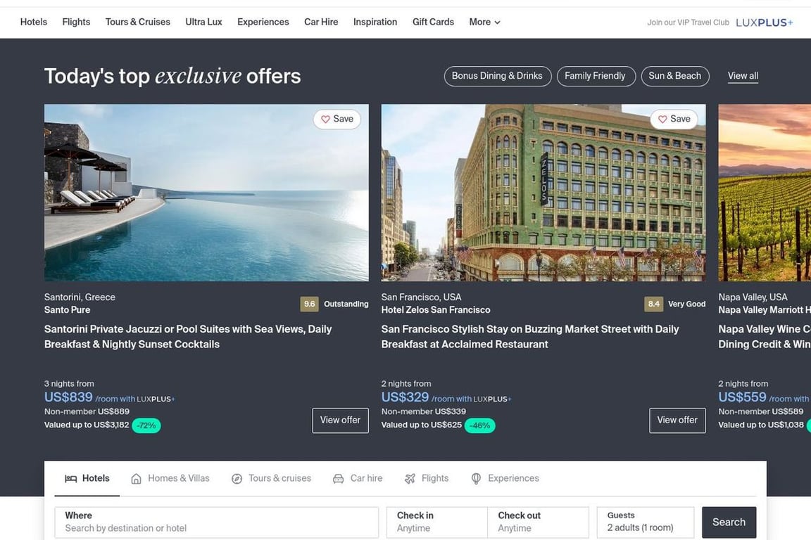 Luxury Escapes homepage