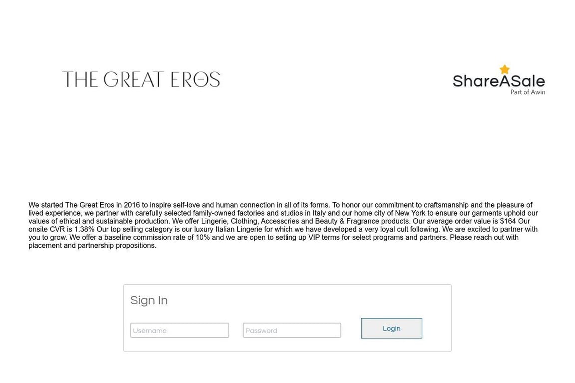 The Great Eros affiliate program signup page