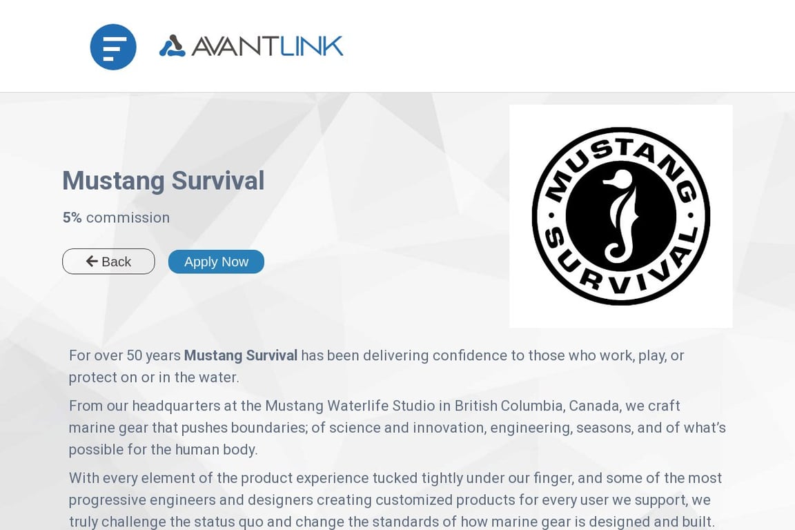 Mustang Survival affiliate program signup page