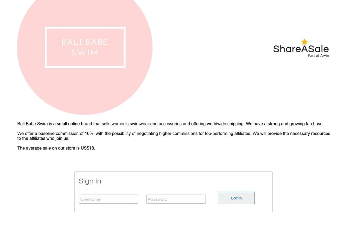 Bali Babe Swim affiliate program signup page
