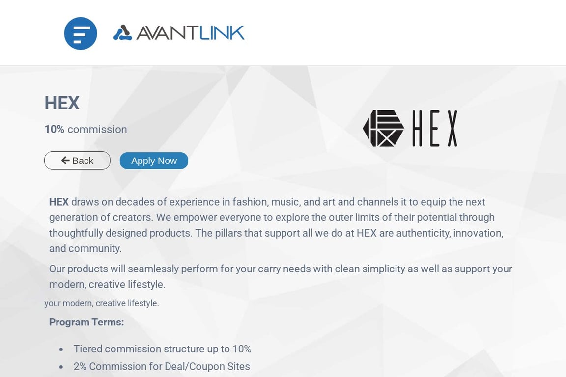 HEX affiliate program signup page
