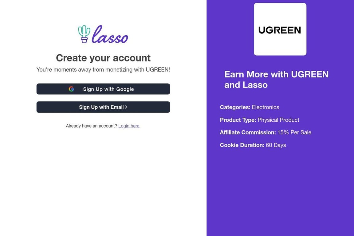 UGREEN affiliate program signup page