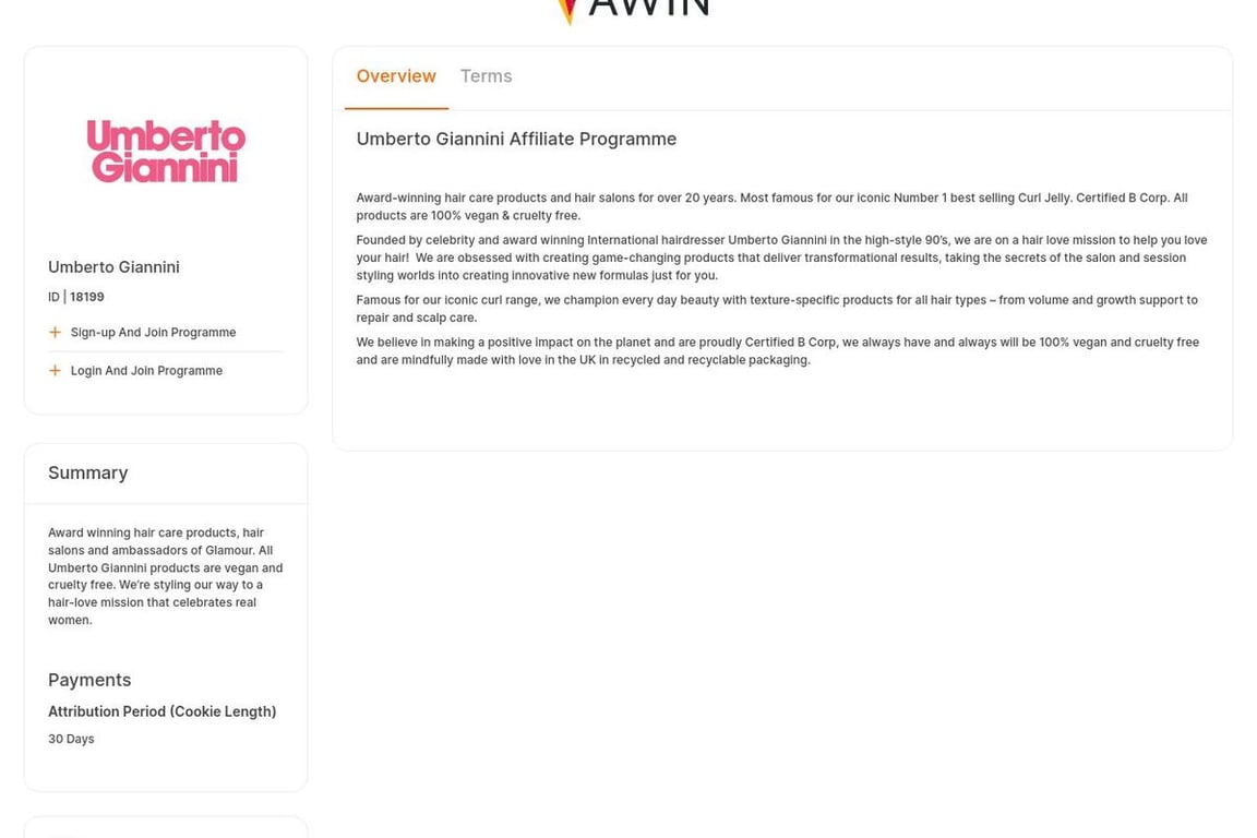 Umberto Giannini affiliate program signup page