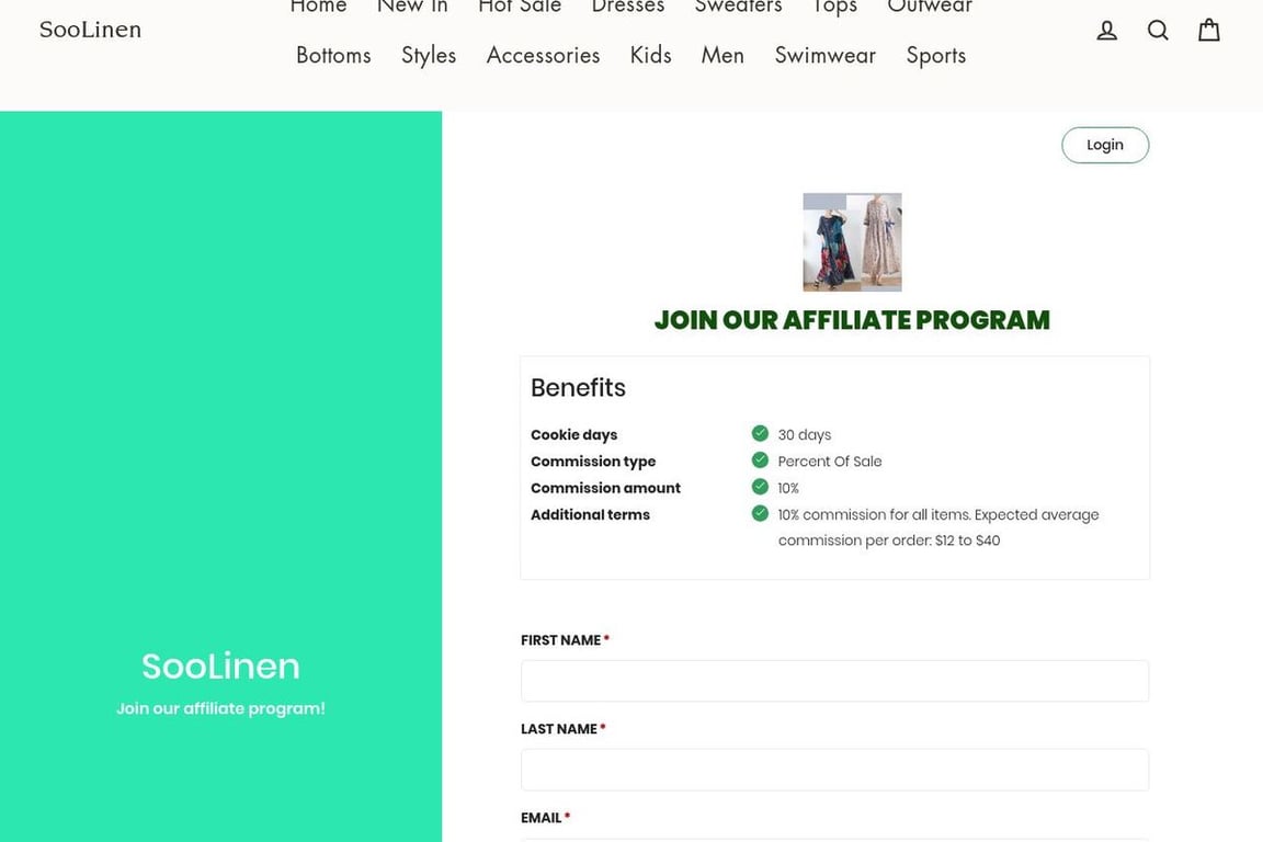 Soolinen affiliate program signup page