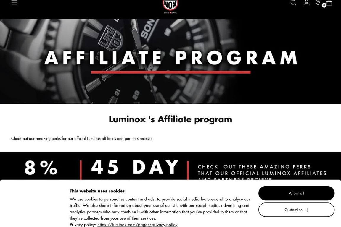 Luminox affiliate program signup page