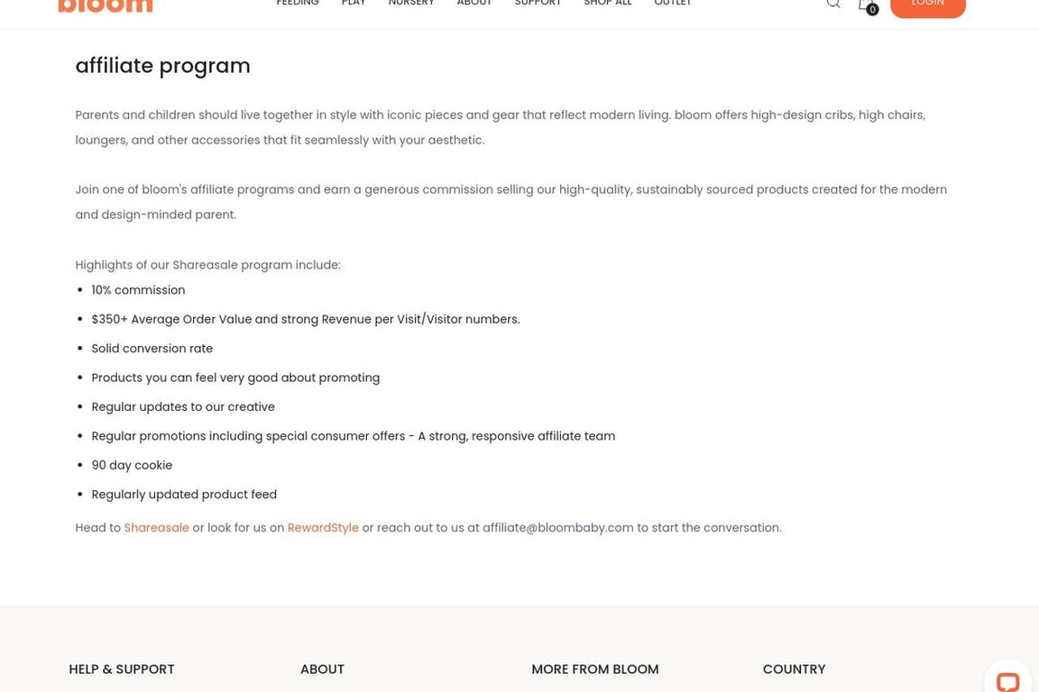 Bloom affiliate program signup page