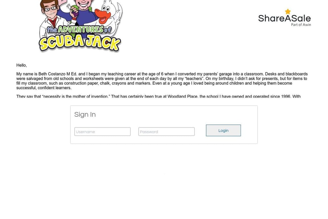 The Adventures of Scuba Jack affiliate program signup page