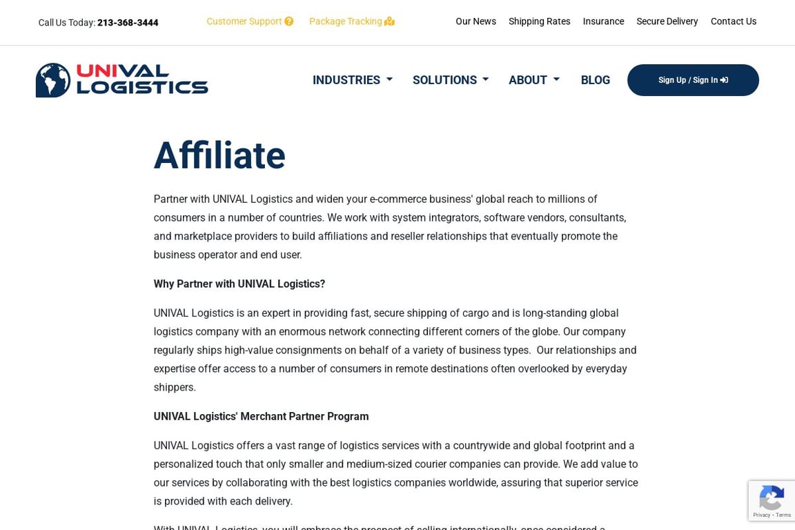 Unival Logistics affiliate program signup page
