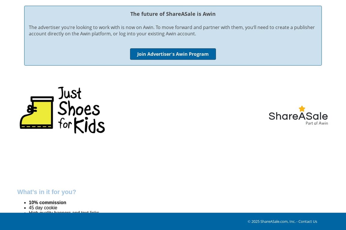 Just Shoes for Kids affiliate program signup page