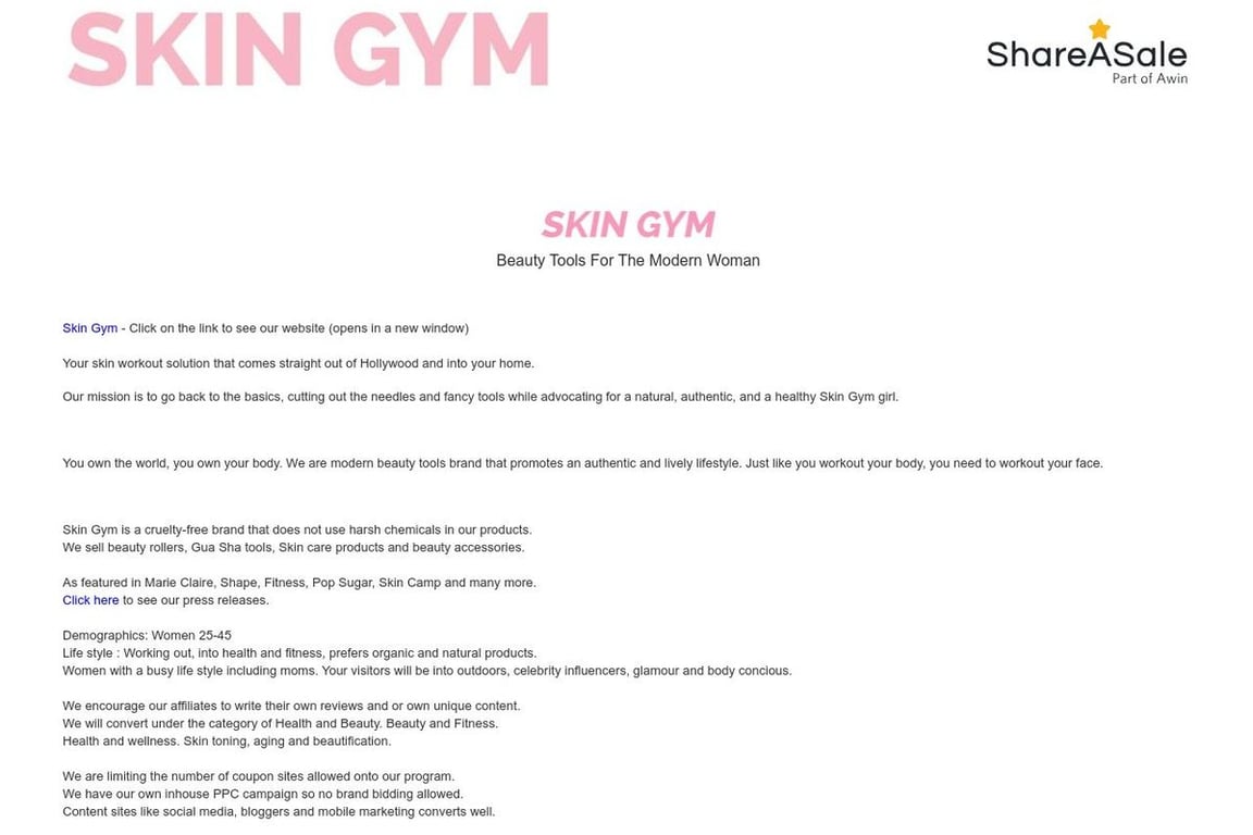 SKIN GYM affiliate program signup page