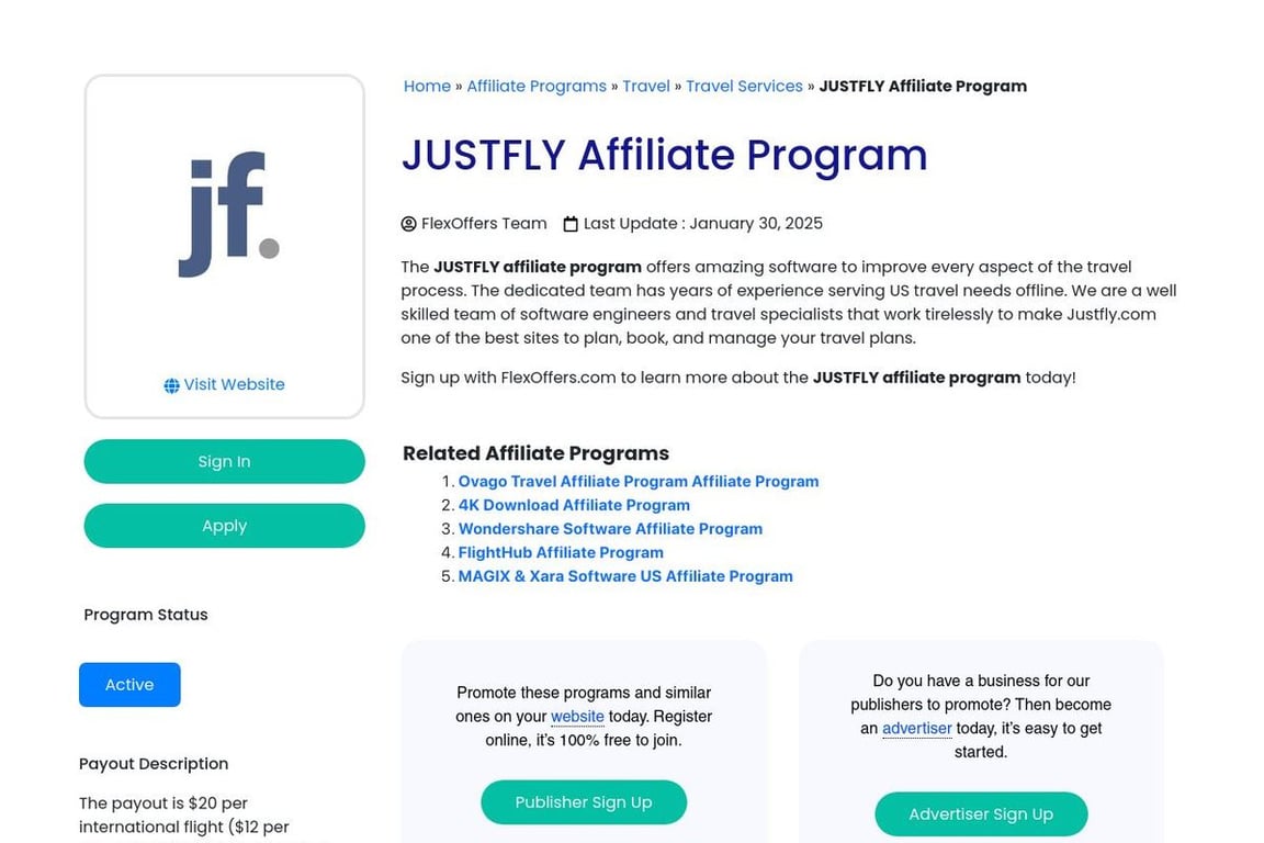JustFly affiliate program signup page