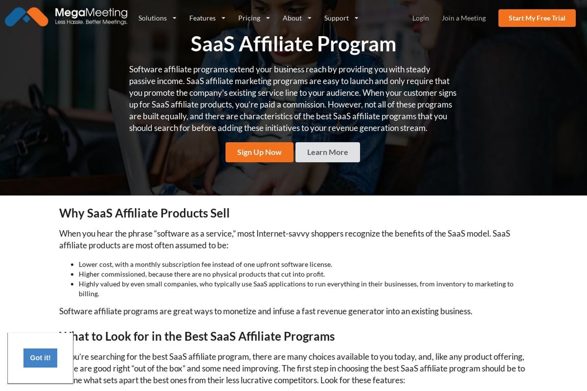 MegaMeeting.com affiliate program signup page