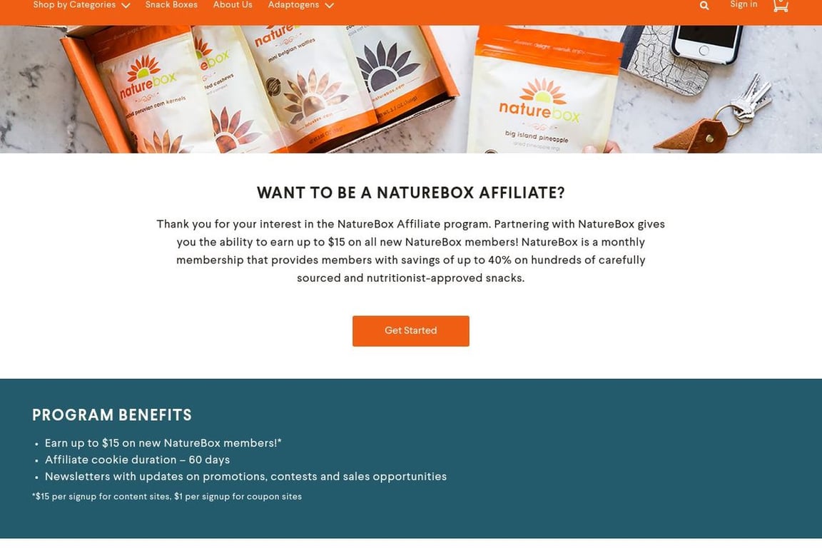 NatureBox affiliate program signup page