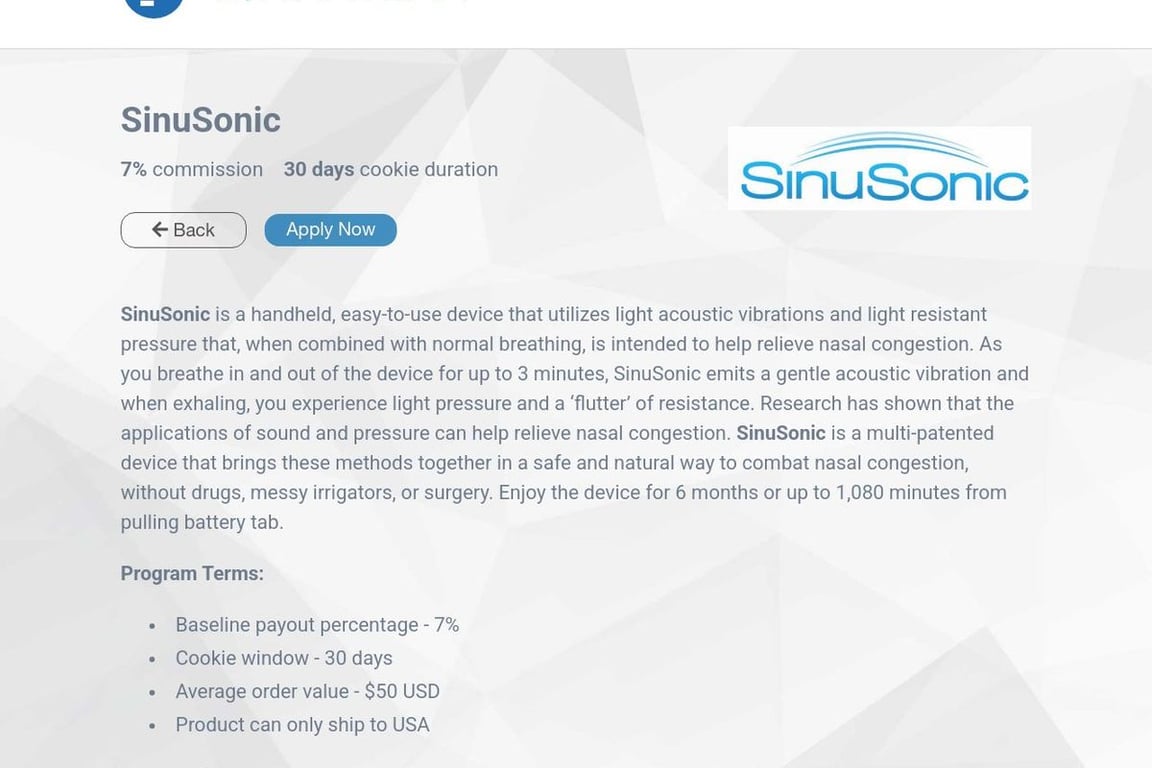 SinuSonic affiliate program signup page