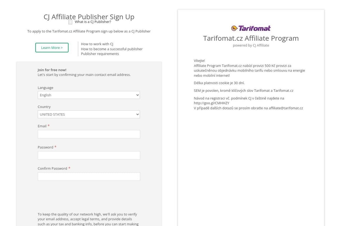 Tarifomat affiliate program signup page