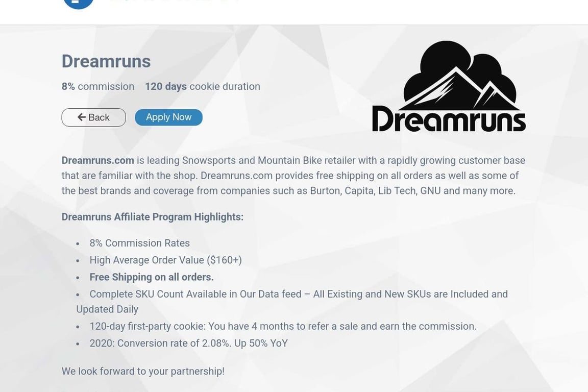 Dreamruns affiliate program signup page