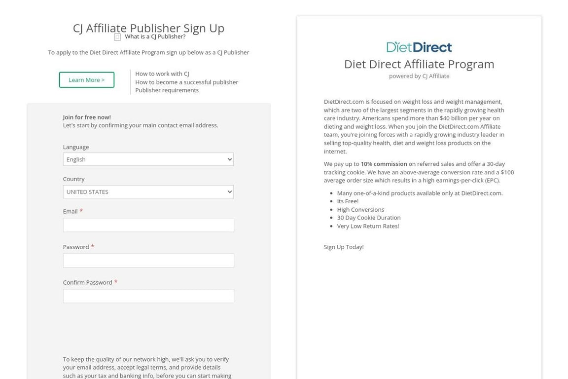 Diet Direct affiliate program signup page