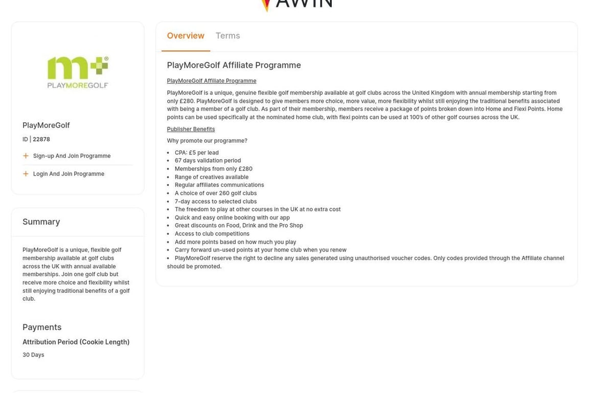 PlayMoreGolf affiliate program signup page