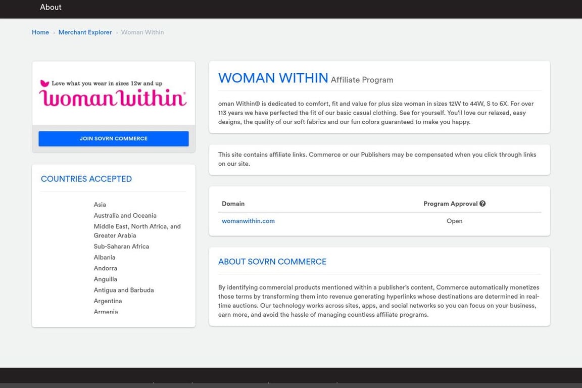 Woman Within affiliate program signup page