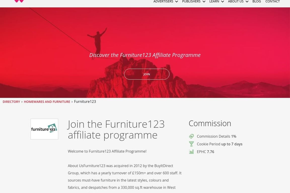 Furniture123 UK affiliate program signup page