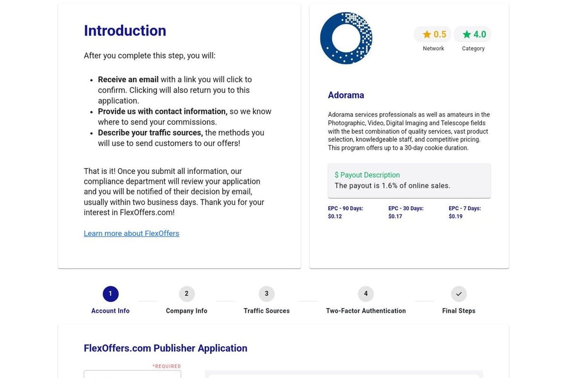 Adorama affiliate program signup page