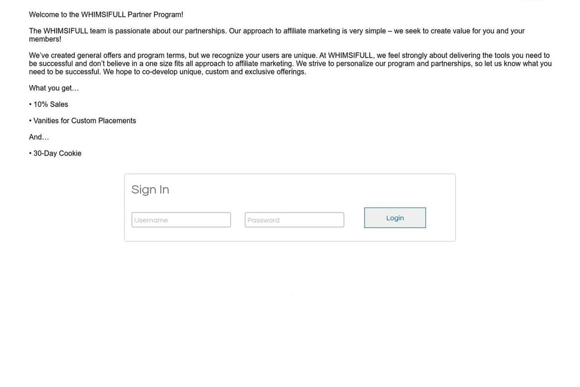 Whimsifull affiliate program signup page
