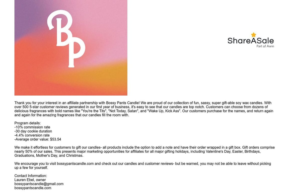 Bossy Pants Candle affiliate program signup page