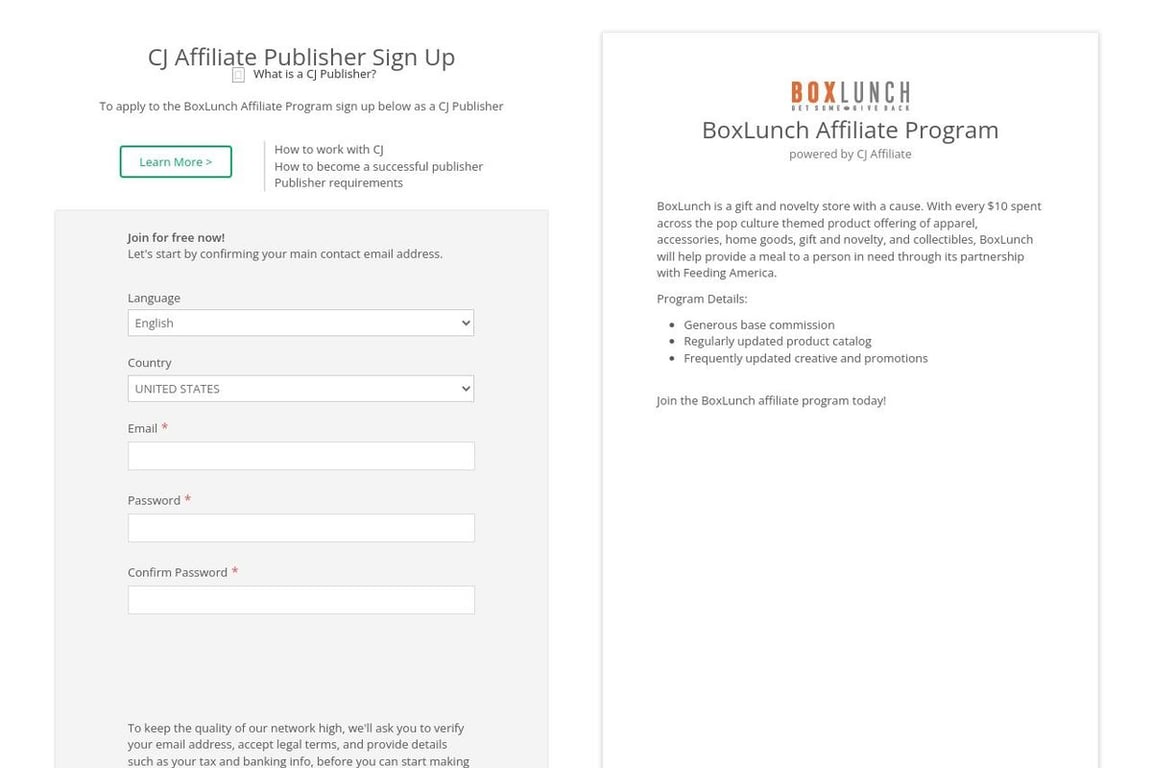 BoxLunch affiliate program signup page