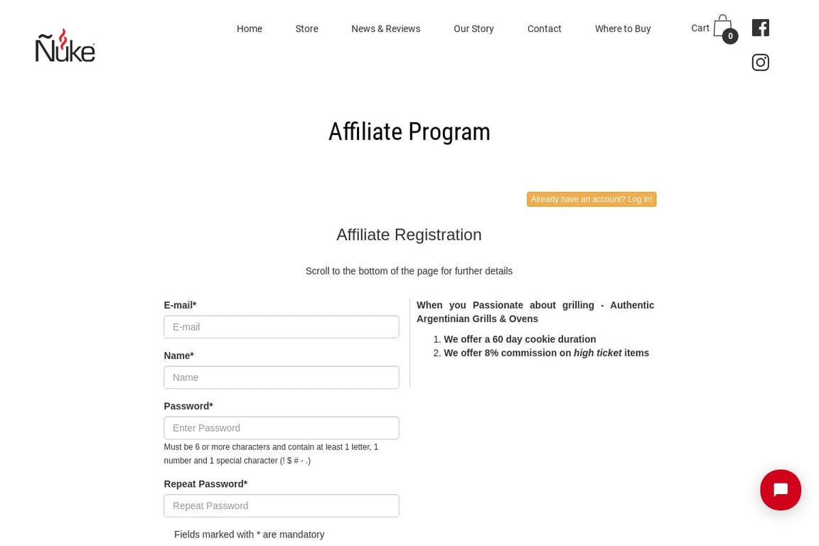 Nuke BBQ affiliate program signup page