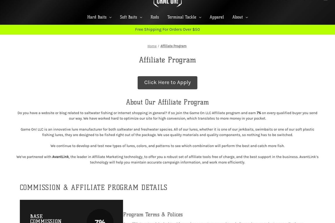 Game On affiliate program signup page